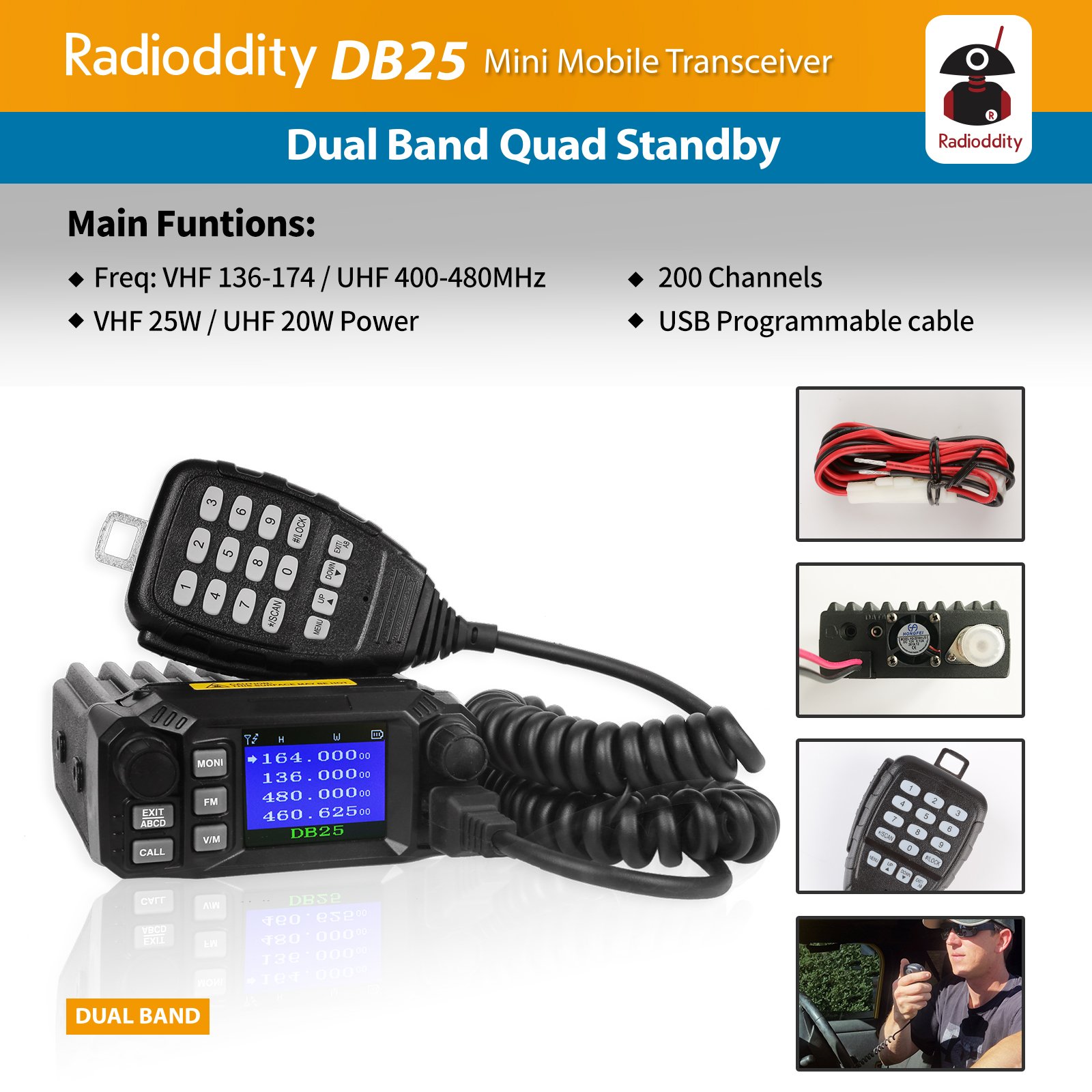 Radioddity DB25 Pro Dual Band Quad-Standby Mini Mobile Car Truck Radio, 4 Color Display, 25W Vehicle Transceiver with Cable + High Gain Quad Band Antenna - Image 5