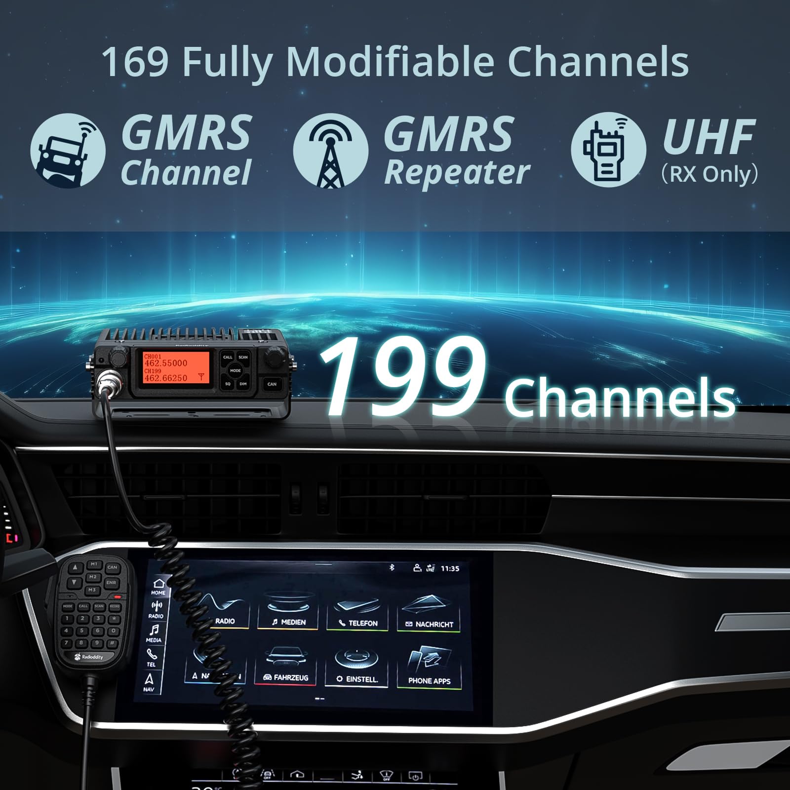 Radioddity DB40-G GMRS Mobile Radio, 40W Long Range Repeater-Capable Two Way Radio with Dual Display, VOX, 169 Channels, UHF RX, for Off-Road, Vehicle Communication - Image 4