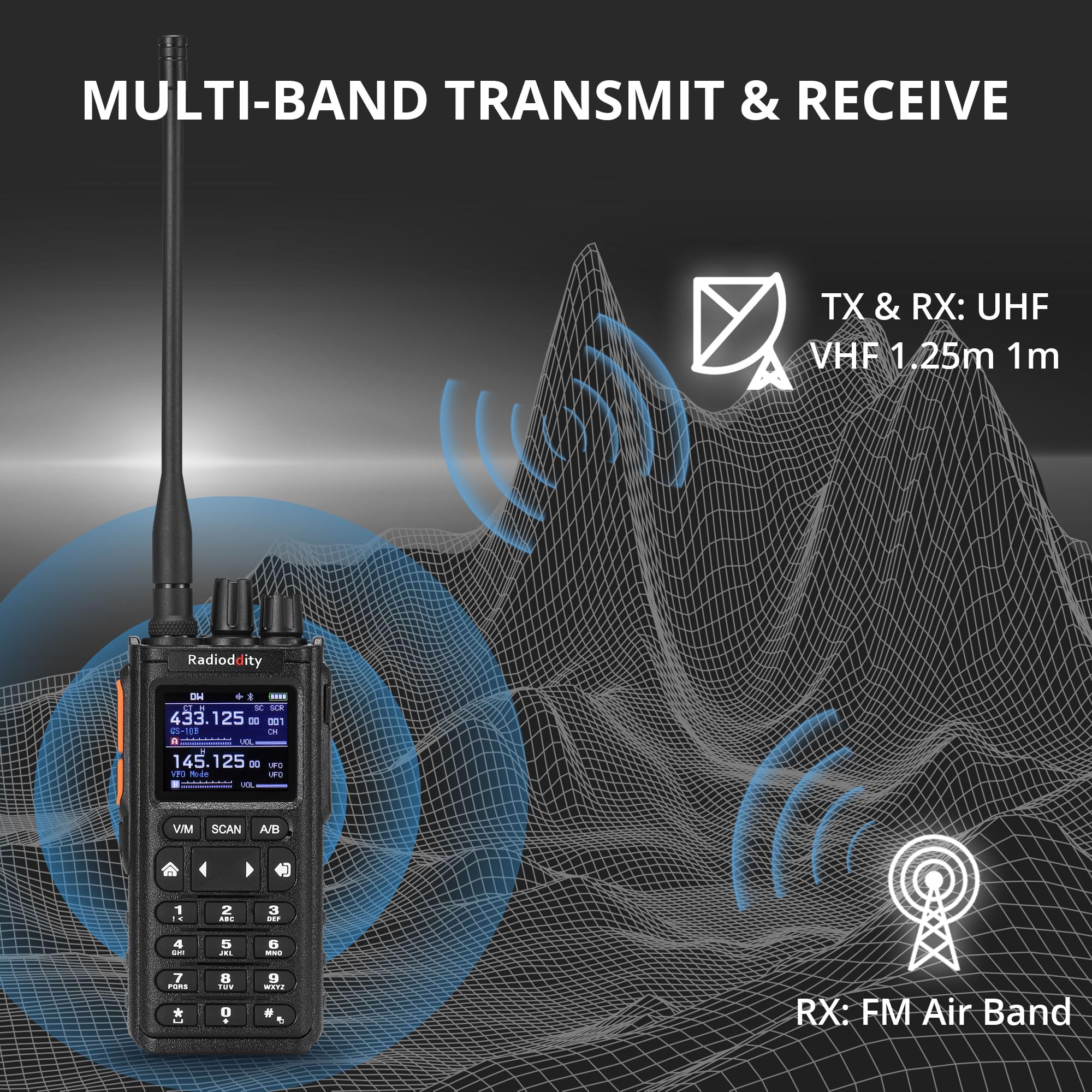 Radioddity GS-10B 8W Ham Radio Handheld, Long Range Two-Way Radio, Wireless APP Programming, UHF VHF FM Aviation NOAA Receiver, Dual PTT, 2500mAh Battery & USB-C Port, Noise Reduction, Channel Sync - Image 3